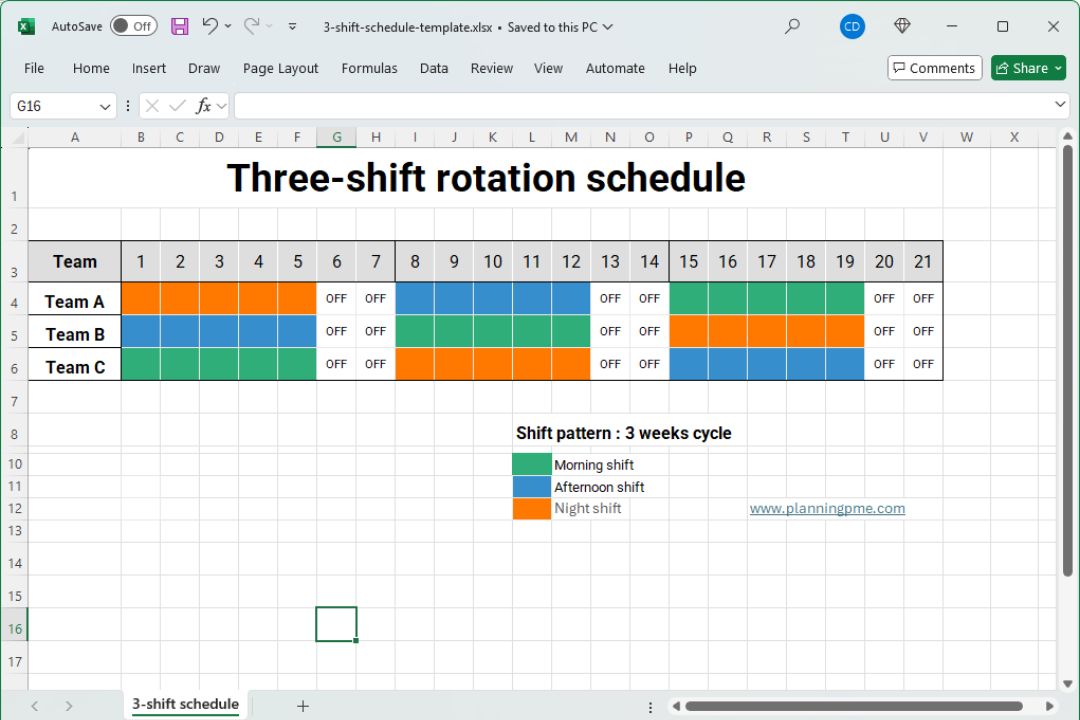 Excel three-shift rotating schedule template