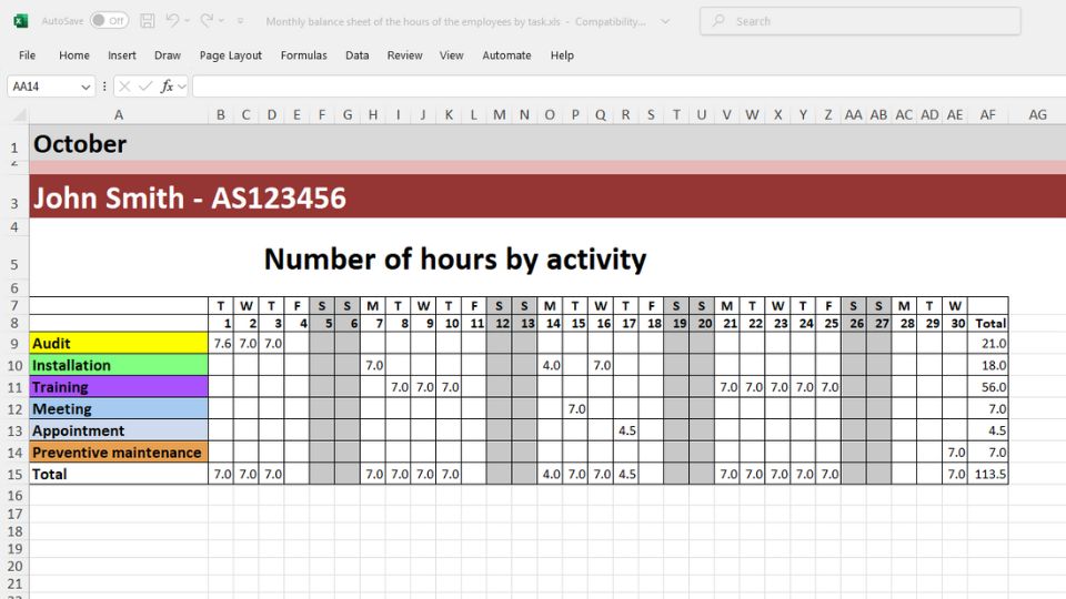 Monthly report of employees hours